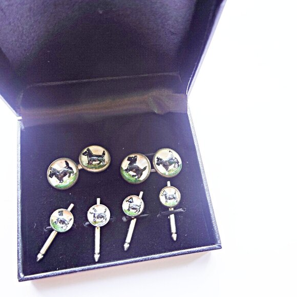 ANTIQUE DOG ESSEX GLASS REVERSE CRYSTAL INTAGLIO TUXEDO CUFFLINKSSTUDS